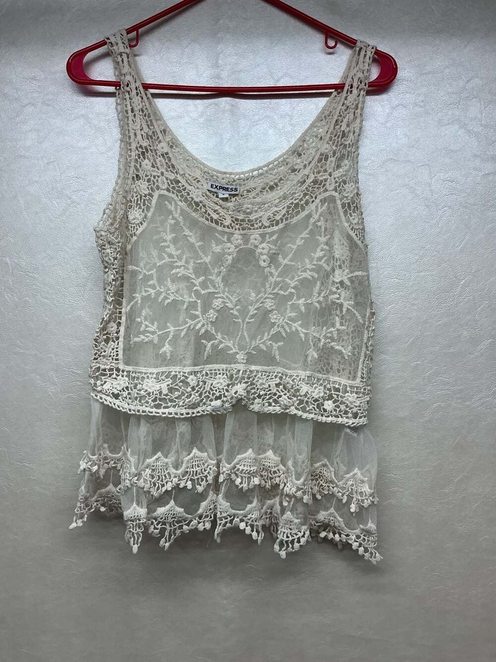 Express Tiered Lace Tank Top Size M Ivory Embroidered Crochet Boho Cami